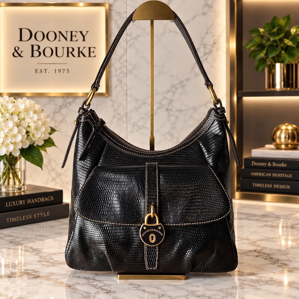Dooney & Bourke Santorini Lizard Embossed Leather Hobo Shoulder Bag Black